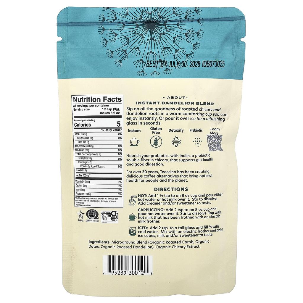 Teeccino, Instant Herbal Coffee, Dandelion Blend, Caffeine Free, 100g (3.53oz)