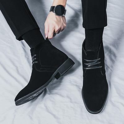 Brand Fashionable Men Suede High Top Pointed Men's Boots, Classic Black Lace Up and Plush Warm Short Boots for Autumn and Winter