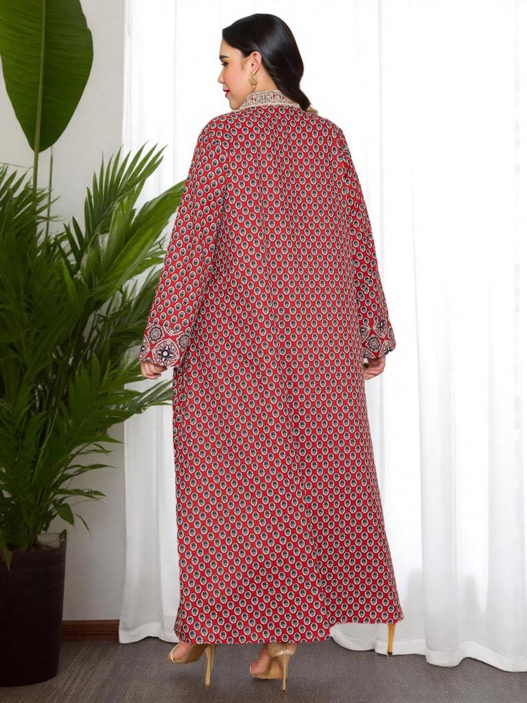 Middle Eastern Plus Size Red Floral V-Neck Long Dress with Retro Geometric Patterns and Elegant Ethnic Style