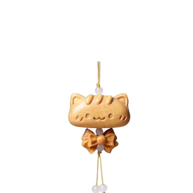 Golden Wood Carved Bow Knot Kitten Cushion Pendant - Blood Cypress Joy Plate Bag Phone Charm