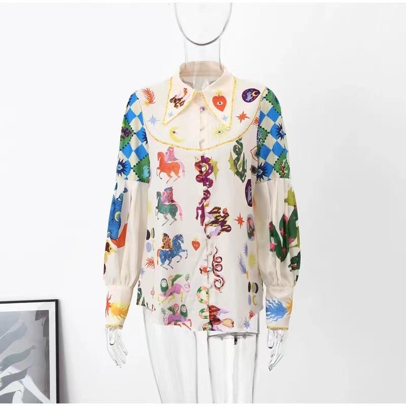 Casual Women's Print Shirt Lantern Sleeve Turn-down Collar Female Shirts 2023 Fashion Cartoon Lady Top Street Print Temperamental Shirt Women