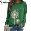 R Women Dandelion Print Round Neck Long Sleeve Sweatshirt Ladies Fashion Loose Casual Pullover