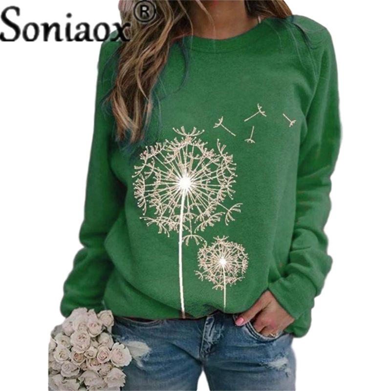 R Women Dandelion Print Round Neck Long Sleeve Sweatshirt Ladies Fashion Loose Casual Pullover