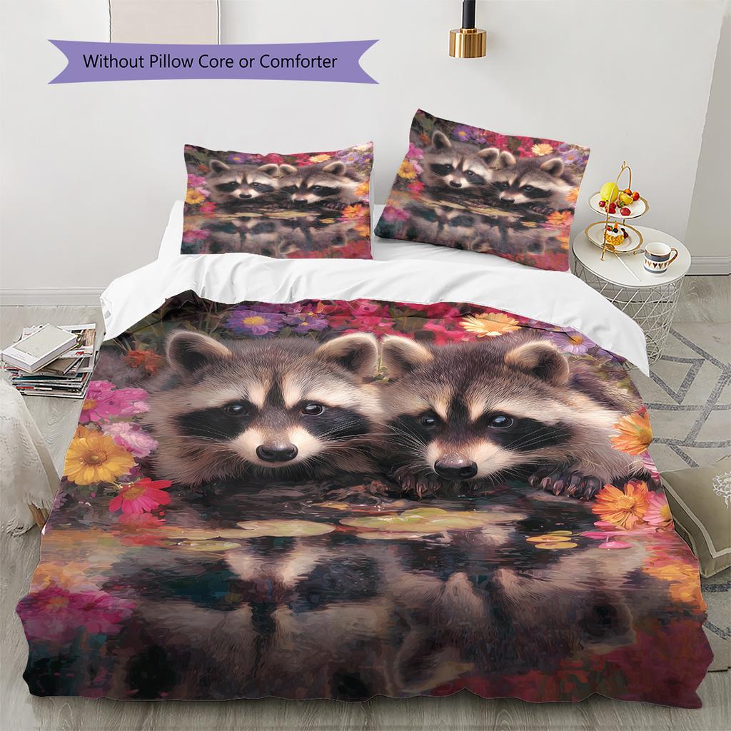 Raccoon and Fresh Flowers Pattern Bedding Home Decoration Birthday Gift (1 * Duvet Cover + 2 * Pillowcase, Without Core)