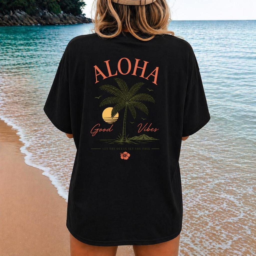 Aloha Good Vibes Shirt Hawaiian Beach Tee Tropical Vacation Tshirt Surf Graphic Shirt Summer Ocean Lover Gift Top
