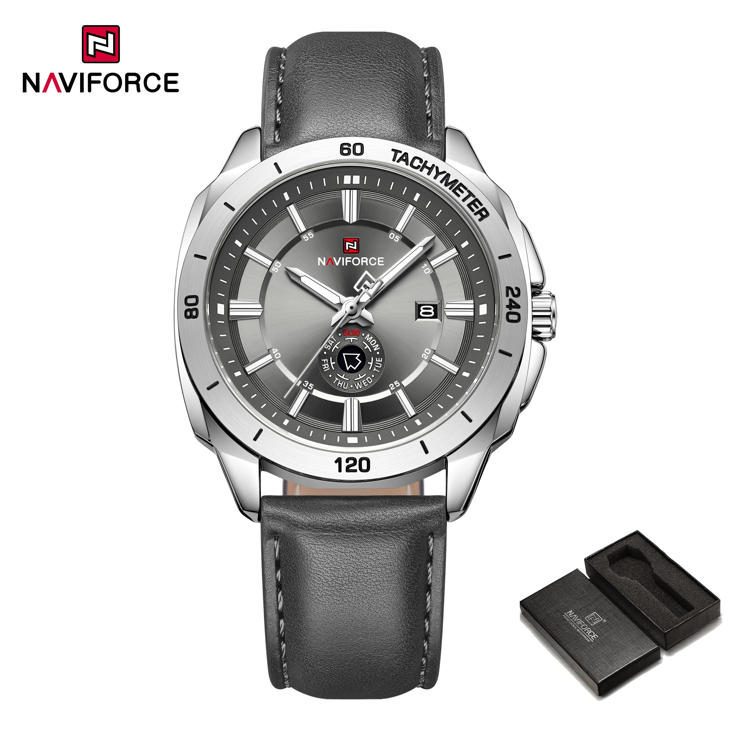 

Naviforce Оригінальний чоловічий бізнес-годинник Шкіряний ремінець Водонепроникність 30м Кварцовий механізм Календар Світлові стрілки Круглий корпус Чоловічий годинник NF9269 сірий