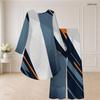 Women Plus Size Round Neck Long Sleeve Printed Navy Blue White High Low Top Wide Leg Pants Two Piece Set