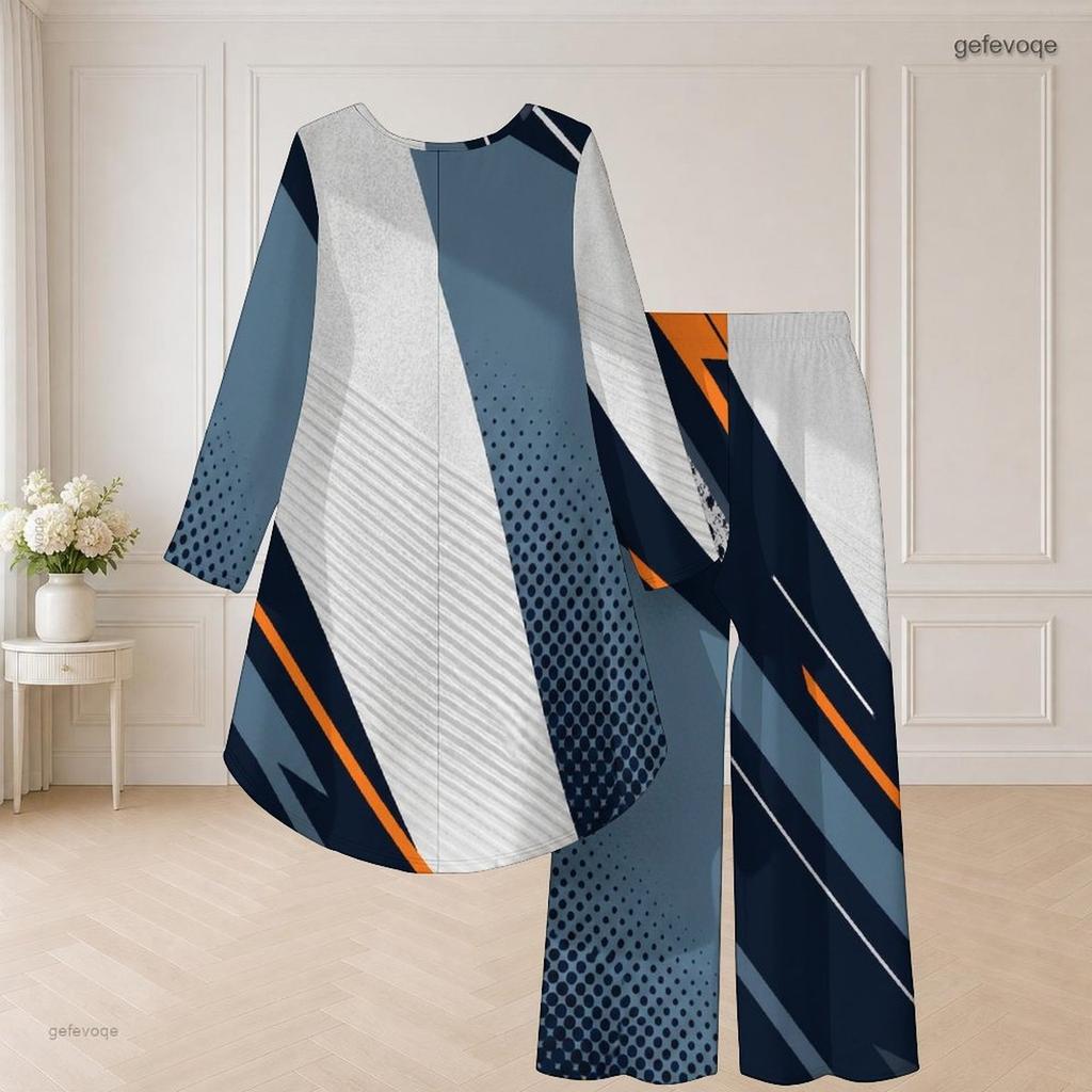Women Plus Size Round Neck Long Sleeve Printed Navy Blue White High Low Top Wide Leg Pants Two Piece Set