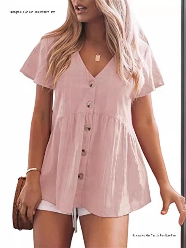 European Summer Women's V-neck Cotton Linen Shirt Dress - Short Sleeve, Pleated, Solid Color Beach Cover-up