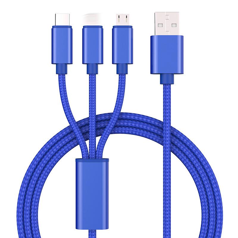 2m 3-in-1 Braided Charging Cable for Apple, Type-C, Huawei, Android; 1.2m Extension, 3-Head Design