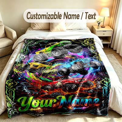 Pătură Personalizată cu Tematică Monster Truck Nume și Text Personalizate Pătură Moale Caldă Decor Acasă