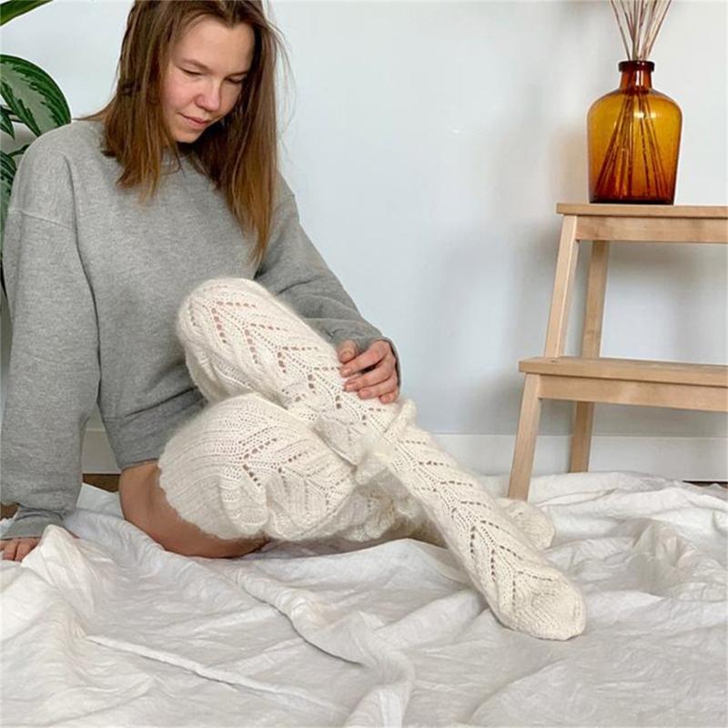 Hollowed Out Knitted Over Knee Long Socks for Women Winter Fall Thigh High Stockings Solid Color Thermal Long Leg Warmer