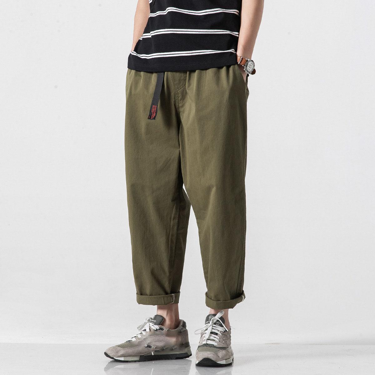 

Мужские хлопковые повседневные шаровары с поясом, мужские прямые мешковатые брюки-карго длиной до щиколотки, широкие спортивные штаны, мужская уличная одежда XL зелёный