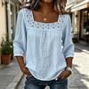 Yousheng Women Shirt Square Collar 3/4 Sleeve Pure Color Casual Blouse Loose Fit Lace Splicing Summer Breathable