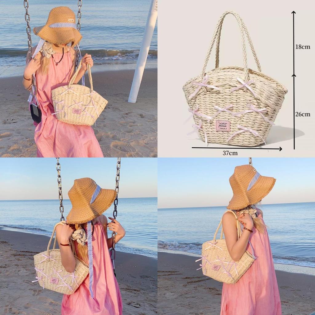 Simple Pink Bow Decoration Women Casual Grass Woven Handbag For Beach And Casual Wear