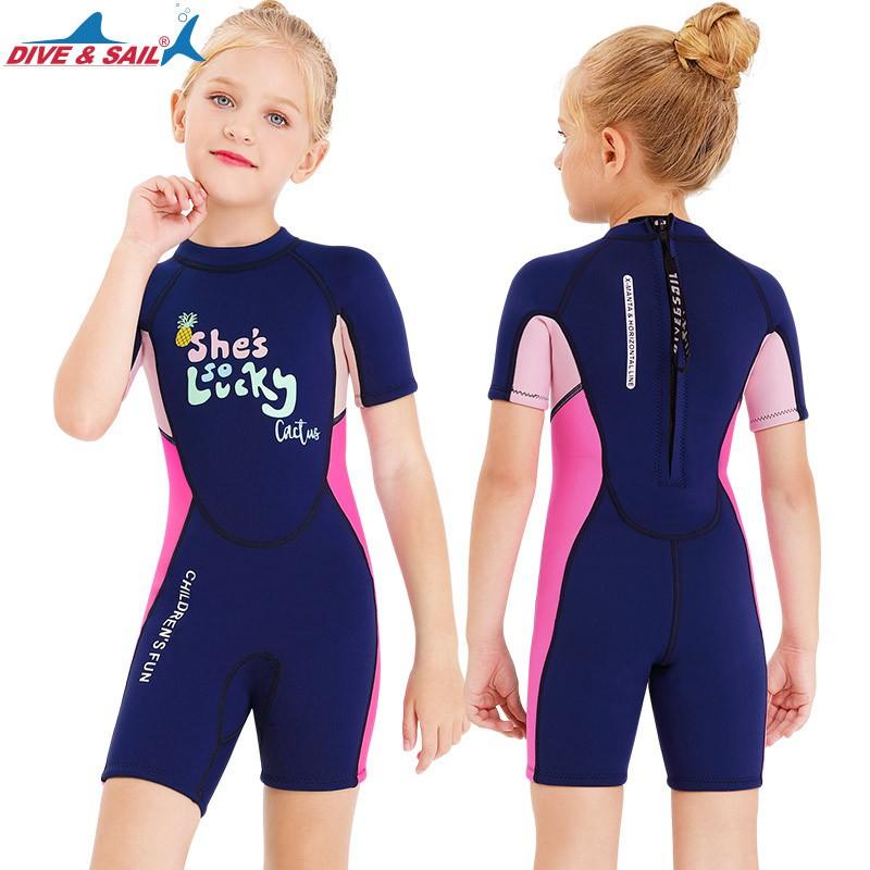 Traje de neopreno de 2,5 mm para niños, traje completo de manga corta para niñas, para snorkel, surf, natación, deportes acuáticos
