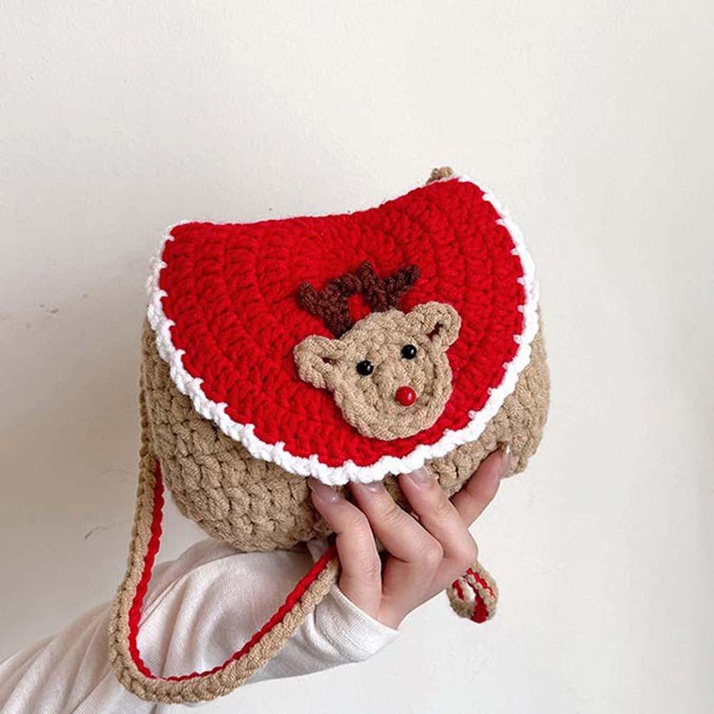 Elk Deer Woven Square Pouch Bow Contrasting Colors Purse Portable Christmas Crossbody Bag  Kids