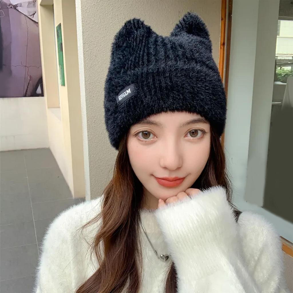 Y2K Crochet Hat for Women Winter Warm Beanie Cap Cute Cat Ear Hat for Teens Adult Cold Weather Windproof Hat Headdress
