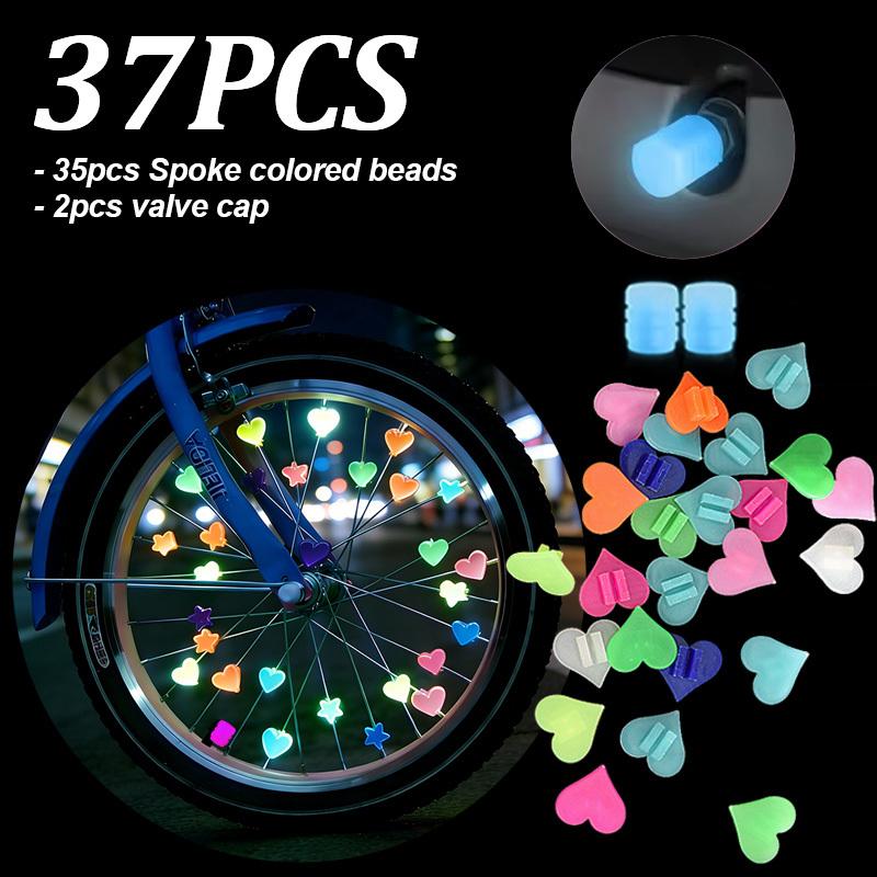 

37pcs Glow-in-the-Dark Bike Spoke Decor Kit, Heart Beads & Valve Caps, Ideal Holiday Gift for Cyclists синий