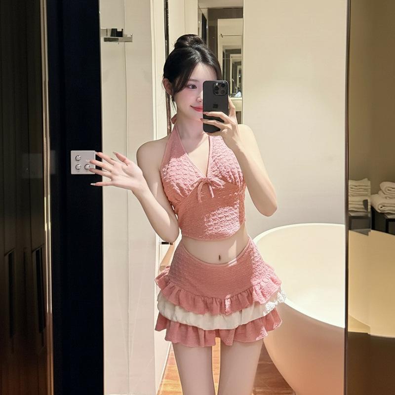 Korean Ins Style Pure Desire Fresh and Cute Sweet Neck Bikini Woman, Contrasting Color Ruffle Leaf Island Vacation Swimsuit