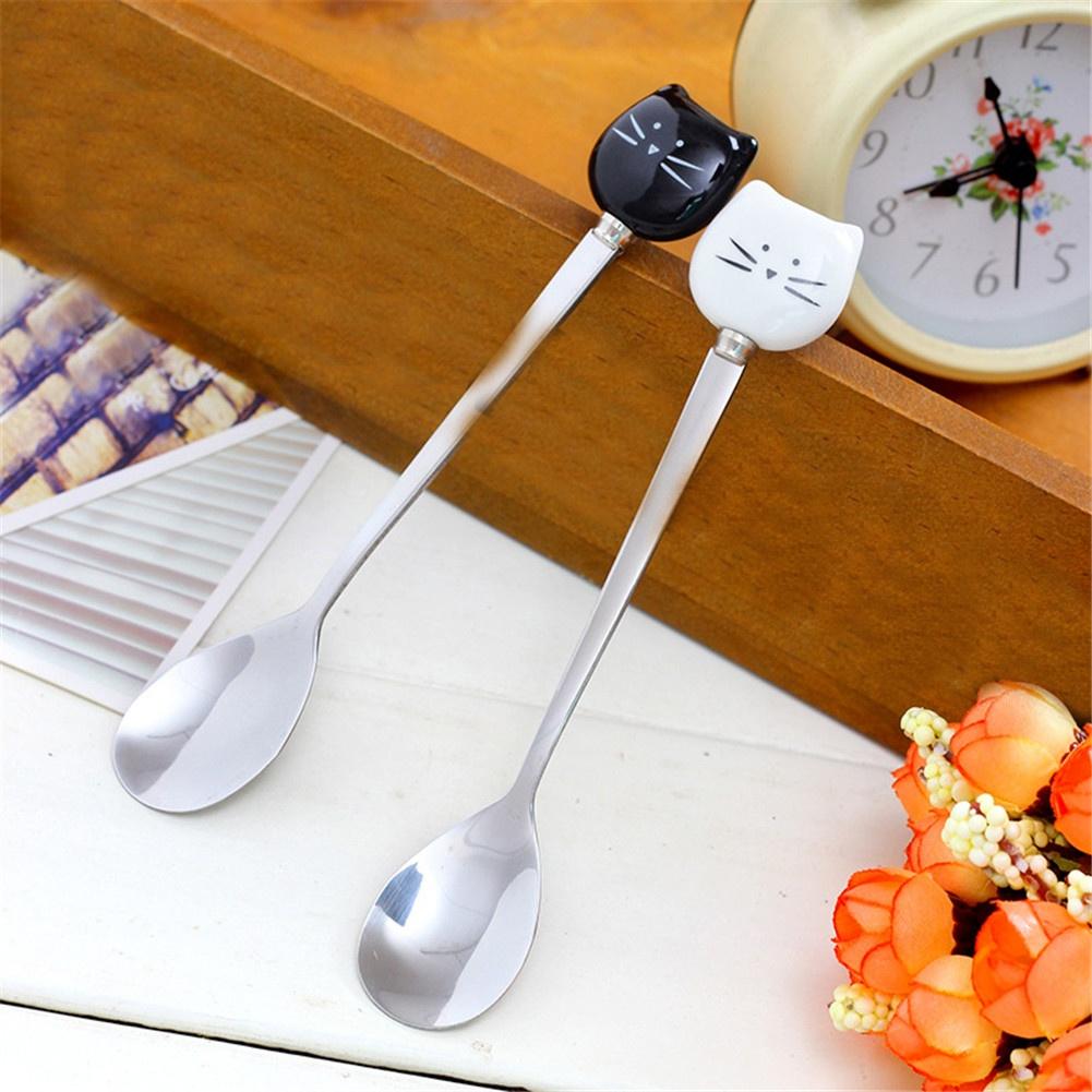 Kitchen Gadgets 1 Pc Cute Cartoon Cat Spoon Long Handle Spoons Flatware Drinking Tools