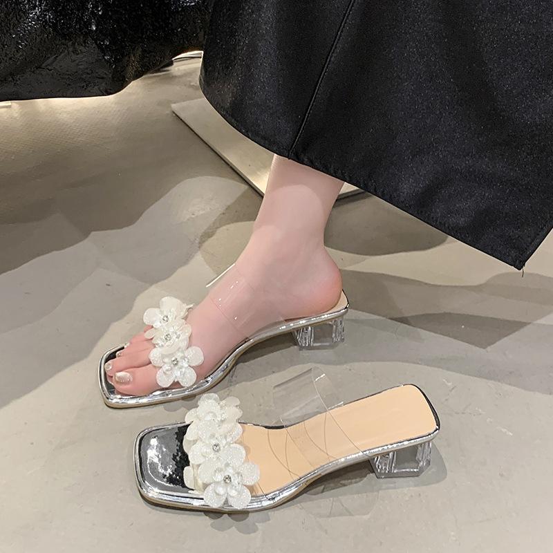 2025 summer new ins trendy Internet celebrity fashion word with transparent sandals women's high heels crystal thick heel cool slippers