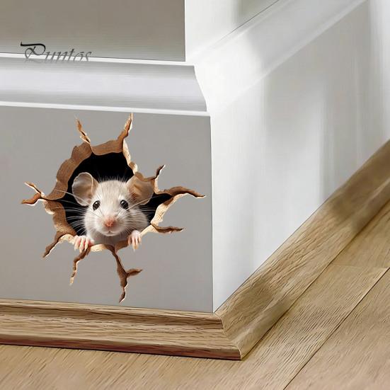 Removable Glass Window Clings Peeking Mouse Wall Sticker, 3D Broken Hole Effect Decals, Funny Waterproof PVC Decals Stickers, Art for Bedroom