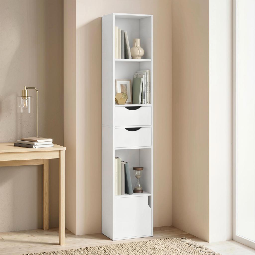 Bookshelf with Storage Unit and Door, 2 Drawers, Open Compartments, Shelf, 30 x 24 x 158 cm, White