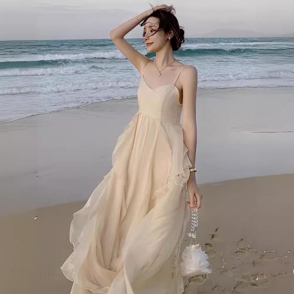Sanya Women's Fairy Beach Dress - Summer French Strappy Seaside Vacation Long Dress