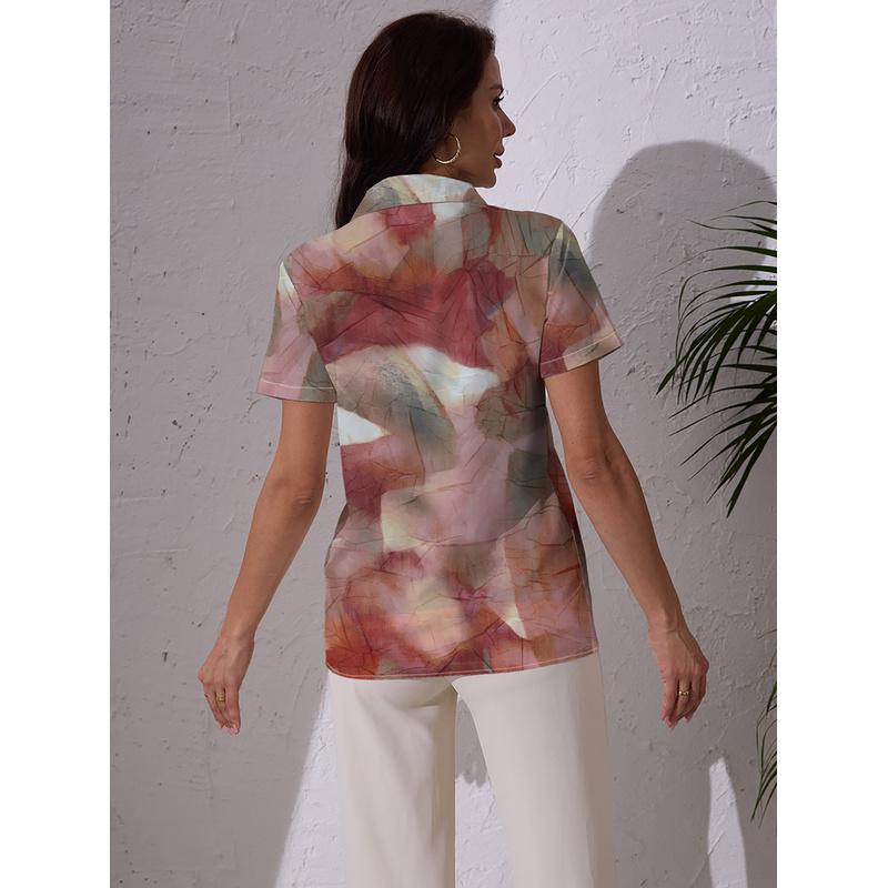 Women's Pink-Brown Abstract Print Short-Sleeve Shirt with Buttons Lightly Mature Artistic Casual Blouse Fashion Trend