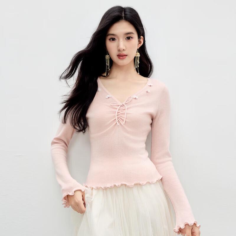 Qiushui Yiren Women s Elegant Slim Fit V-Neck Knit Top S