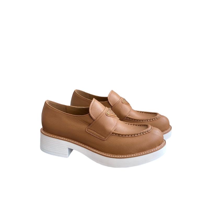 Haute Couture Triangle Logo Lychee Pattern Leather Loafers - Versatile British Style Round Toe with Beaded Edge, Thick Sole.