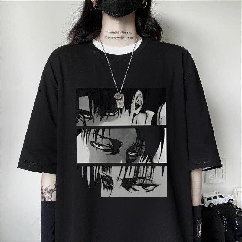 Plus Size Anime Attack On Titan Women's T-shirt Levi·Ackerman Eye Punk Tops Summer Harajuku Loose Gothic Short Sleeves Tshirt