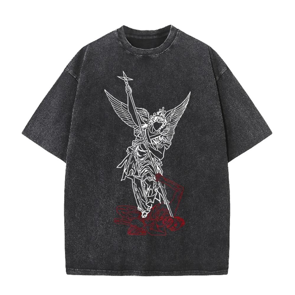 2026 Vintage Line Art Archangel Spear Demon Graphic Black Acid Washed T Shirt Retro Religious Angel Streetwear Casual Oversized