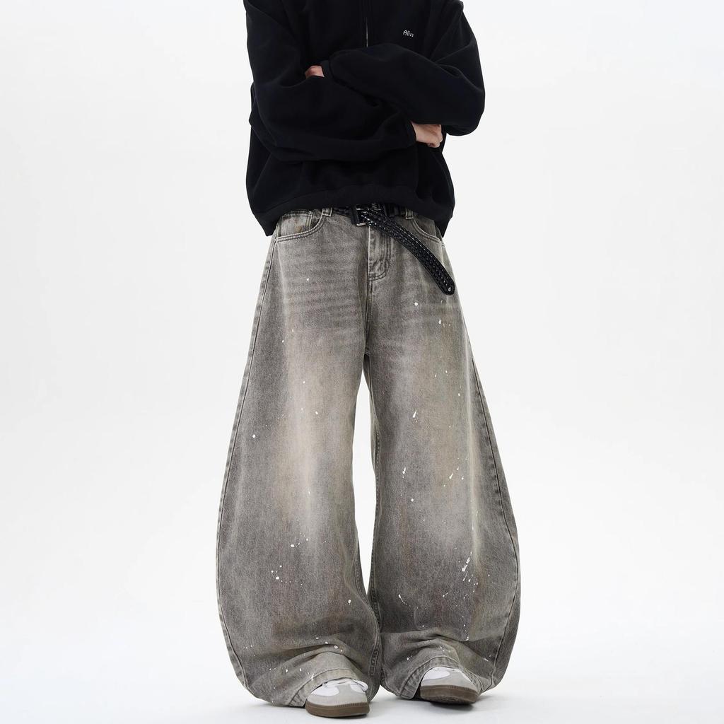 Unisex Retro Distressed Grey Splatter Paint Jeans - American Street Style