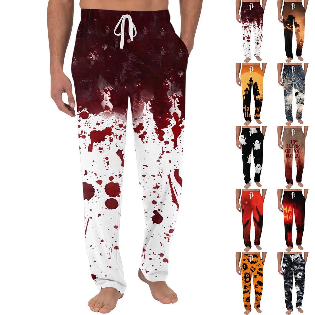 Men's Halloween Print Pocket Casual Lounge Pants Drawstring Waist Relaxed Fit Soft Fabric Sleepwear Bottoms for Indoor Outdoor Use