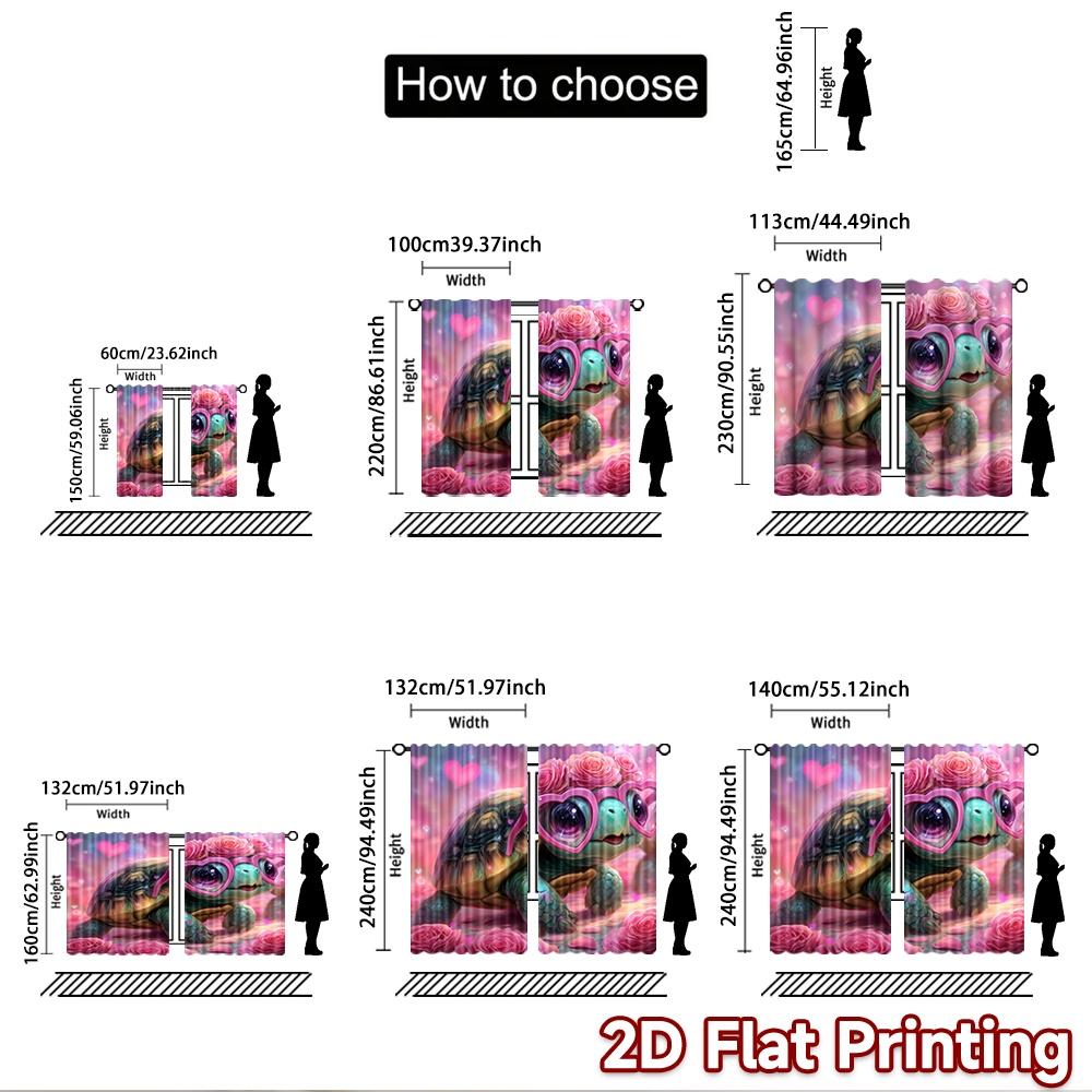 2D flat printing 2pcs Window Treatment Curtains Cute Turtle Heart Glasses Pink Roses Digital Printed Polyester Drapes Holiday