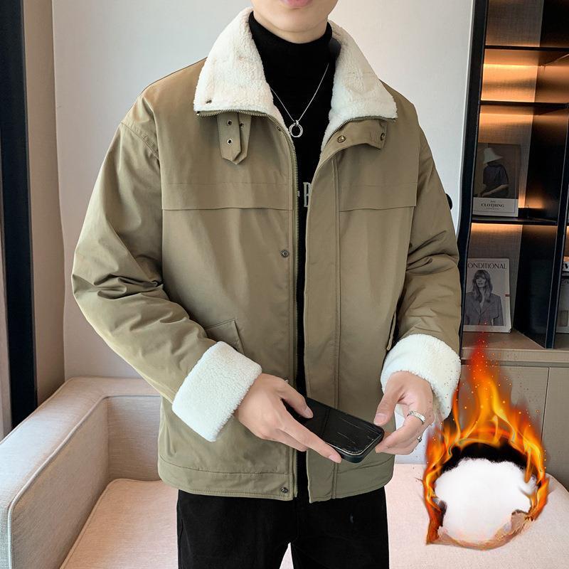 Autumn and Winter Men's Lapel Lamb Fleece Padded Jacket Thick Padded Jacket Jacket Casual Tooling Fur Collar Top