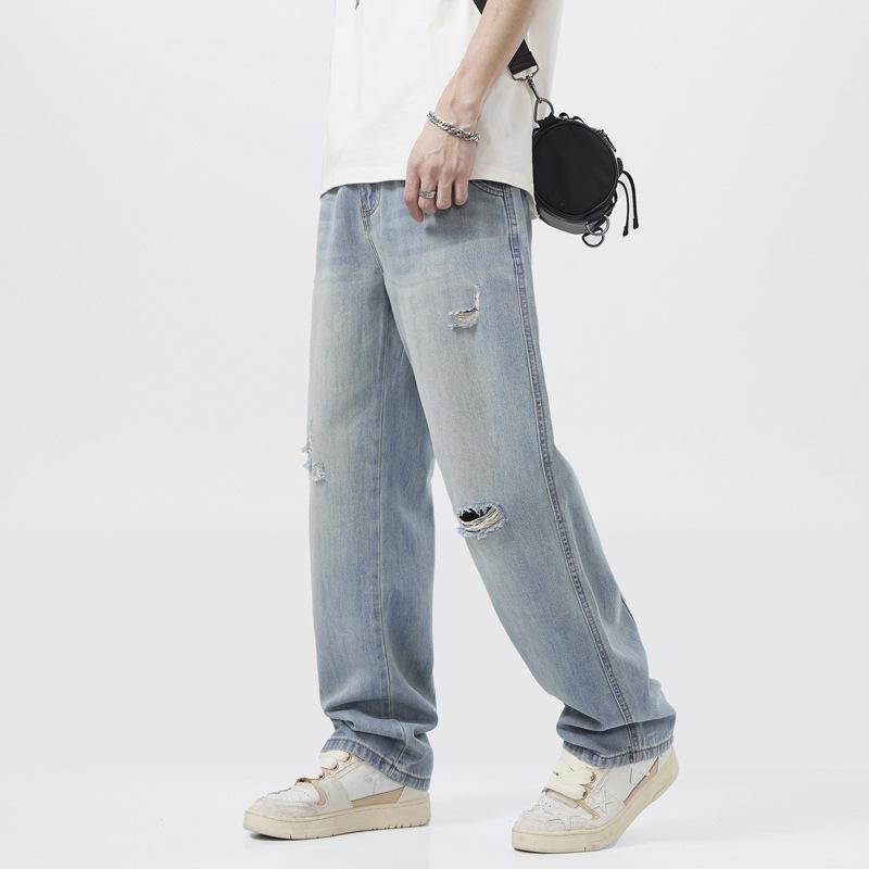 American straight ripped jeans men's and women's casual trousers loose pants tide ins high street denim floor pants