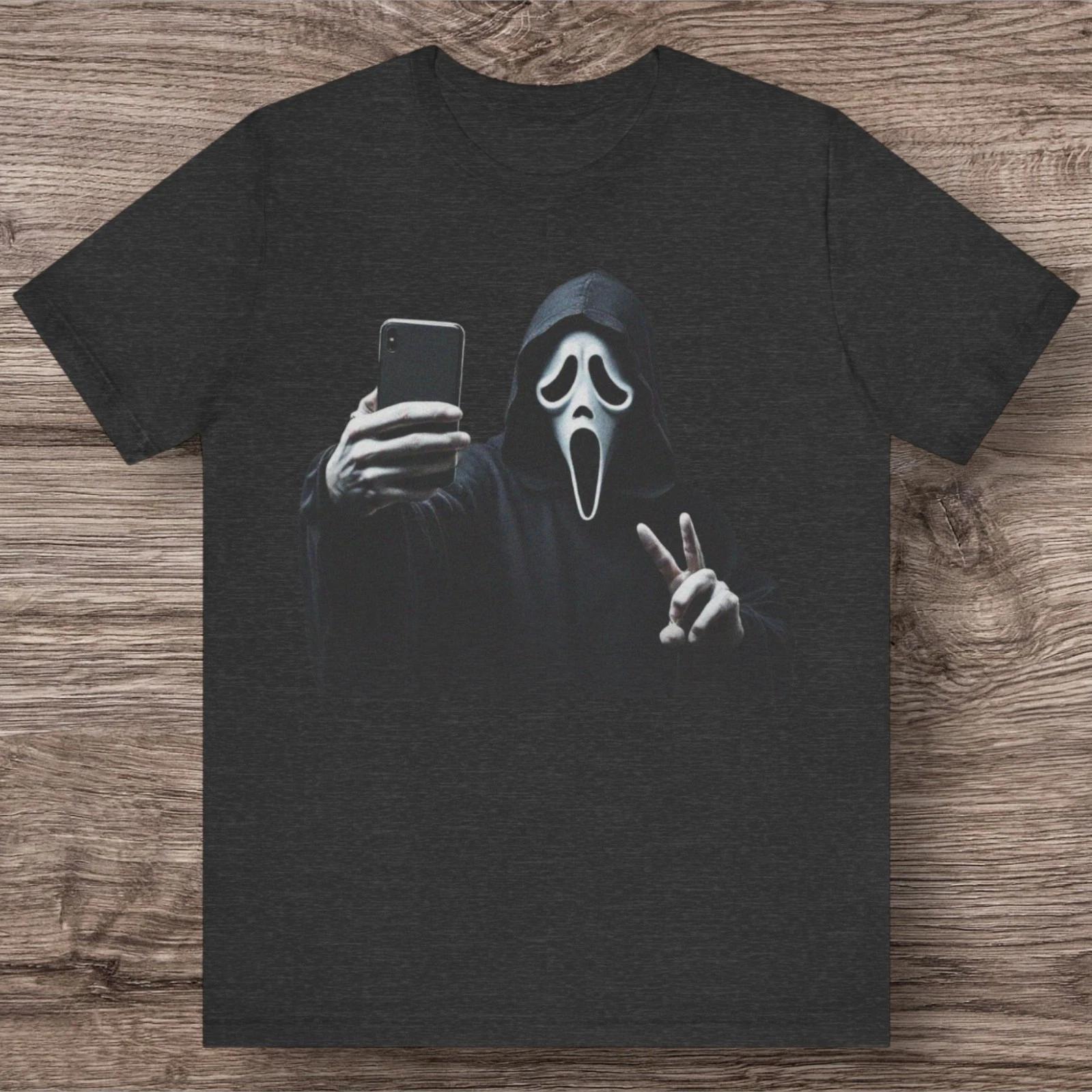 

Смешная селфи-футболка Ghostface, 100% хлопок, мужская и женская футболки, Топ, Маш-ап из фильма «Крик», Унисекс футболка для Хэллоуина S