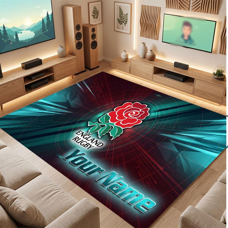 Tappeto in Velluto di Cristallo Personalizzato Rugby Inghilterra, Tappeto Morbido Antiscivolo con Testo Nome Personalizzato per Soggiorno Camera da Letto