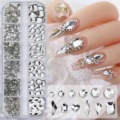 Rhinestone di Cristallo Multi-forma per Nail Art, Strass in Vetro con Base Piatta, 12 Scomparti, Accessorio per Unghie