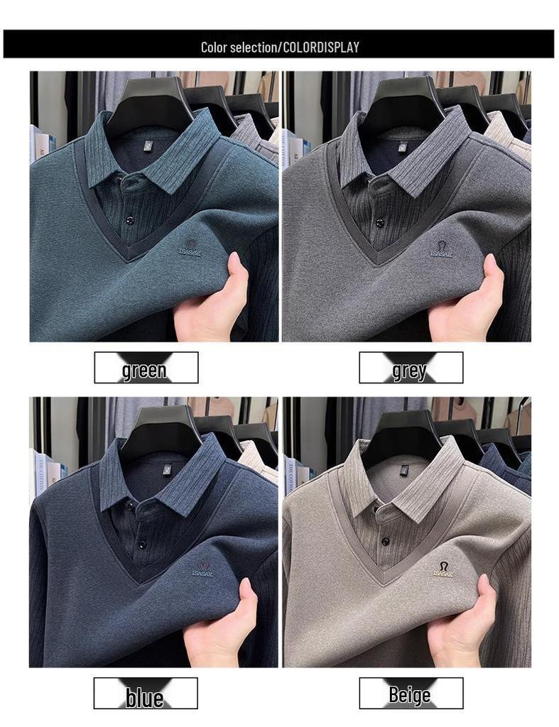 2025 Winter Men's Faux Two-Piece Sweater: New Thick Knit with Shirt Collar and Warm Velvet Layer