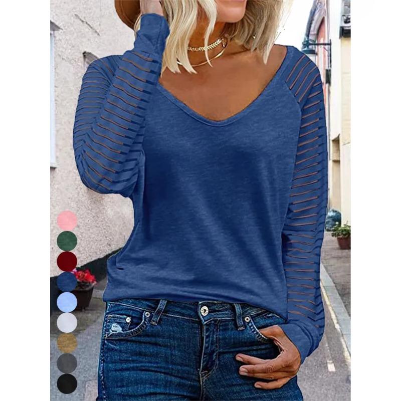 Fashion See-through Striped Long Sleeve T-Shirt Female Autumn Loose V Neck Pullover Tops Women Solid Color Casual Commuter Tees