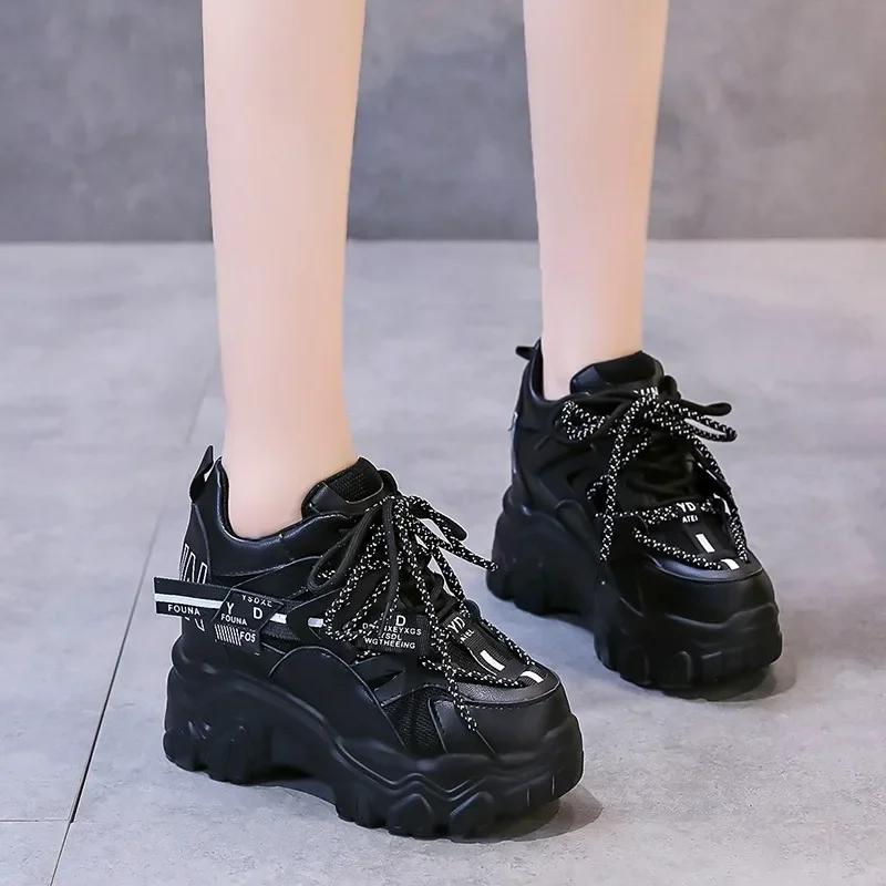 Fashion 9CM Autumn Women's Casual Sports Shoes High Platform Lacu-up Shoes Comfortable Women's Chunky Sneakers Breathable Outdoor Shoes