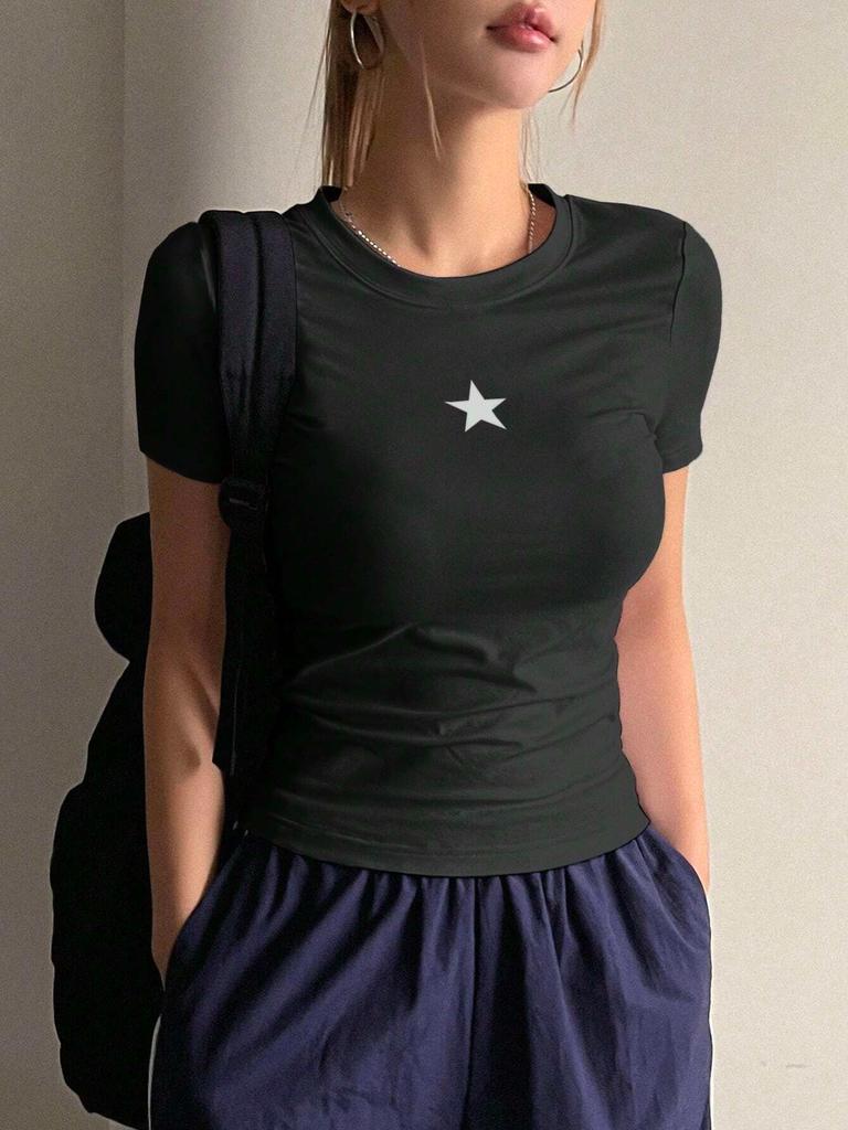 Women Summer T Shirt Black Star Print Tee Casual Short Sleeve Crew Neck Top Fashion Y2K Streetwear For Ladies Trendy Top
