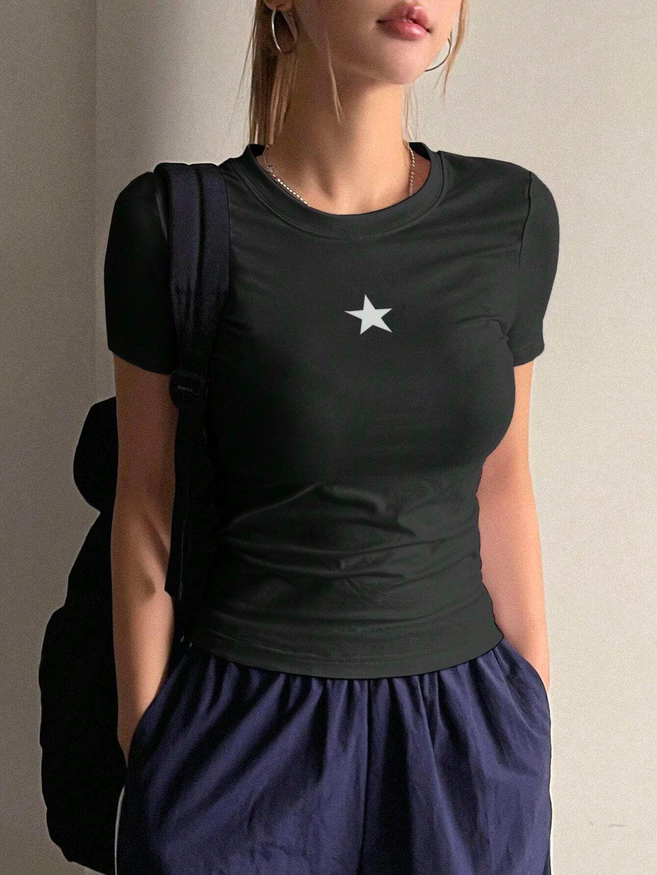 

Women Summer T Shirt Black Star Print Tee Casual Short Sleeve Crew Neck Top Fashion Y2K Streetwear For Ladies Trendy Top S