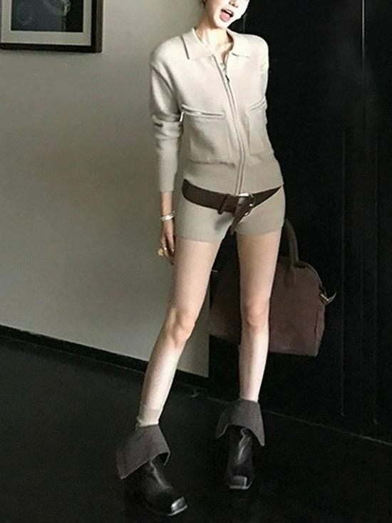 Lee Sung-kyung Style Relaxed Soft Lapel Knit Cardigan & High-Waisted Shorts Set S хаки шорт