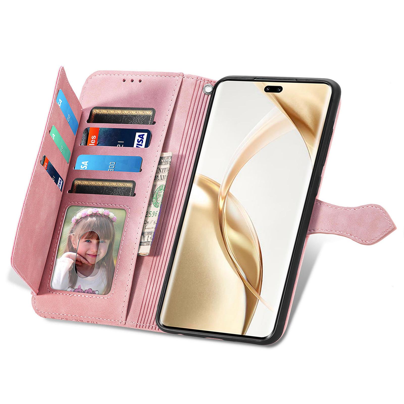 

For Honor 200 Pro 5G Zipper Wallet Case with Strap Flower Imprint PU Leather Phone Cover Pink