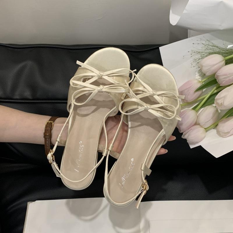 2025 Summer New Satin Bow Open-toed Flat-soled Soft-soled Sandals Round Head Outer Wear Flat-heeled Cool Slippers